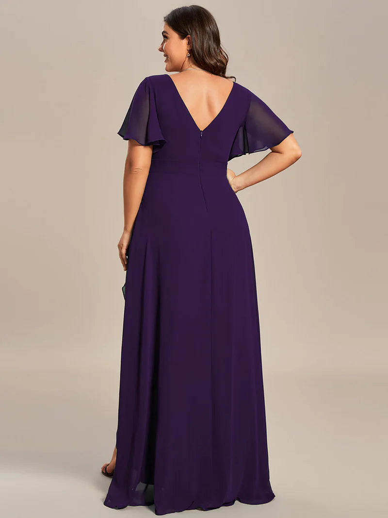 Dark purple plus sized bridesmaid dress with high low ruffle and chiffon.