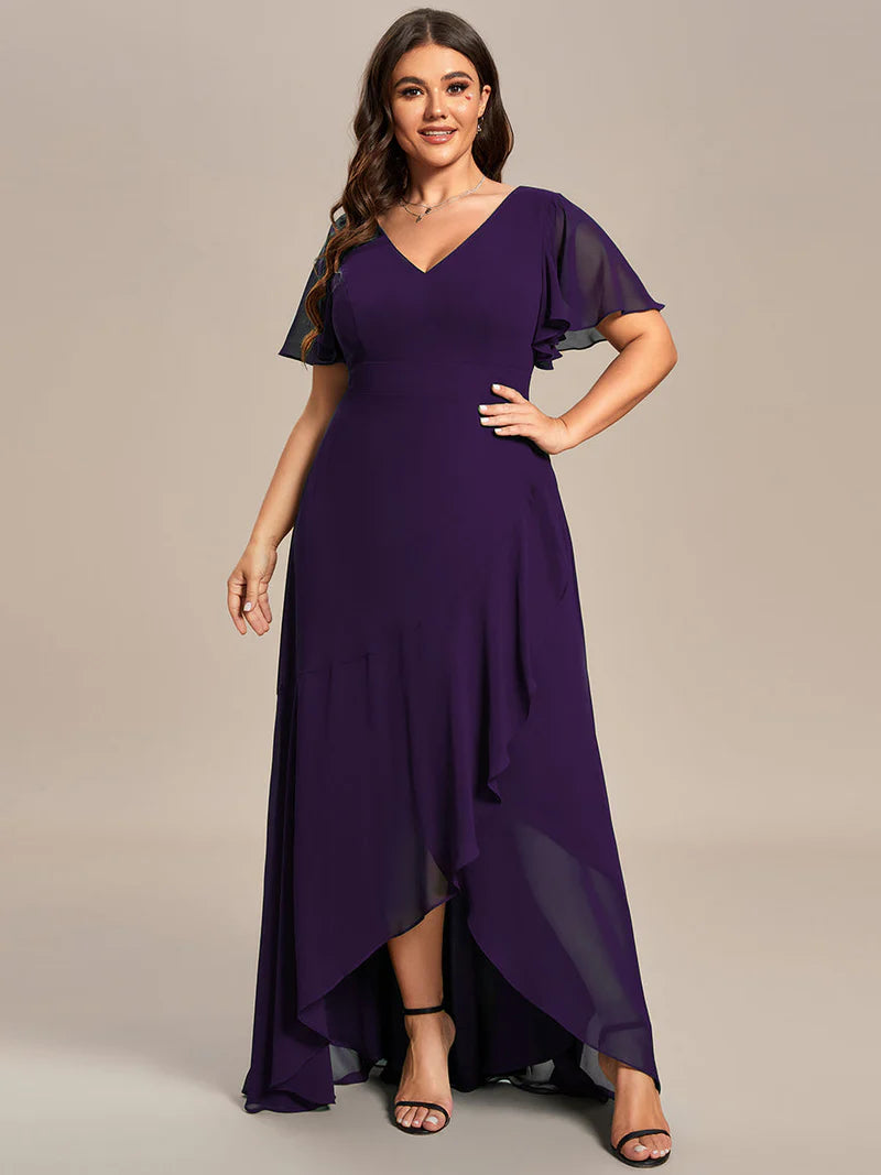 Dark purple plus sized bridesmaid dress with high low ruffle and chiffon.