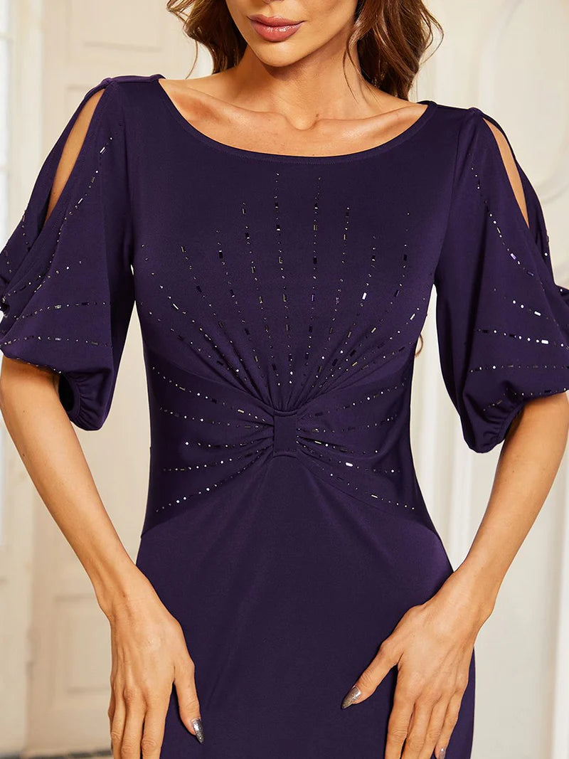 Deep purple formal dress short sleeves chiffon with silver detail.