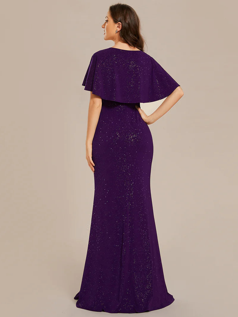 Deep purple sparkly v-neck short sleeve, maxi formal dress with belt.