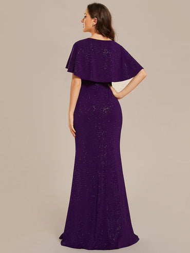 Deep purple sparkly v-neck short sleeve, maxi formal or mother of the bride dress with belt.