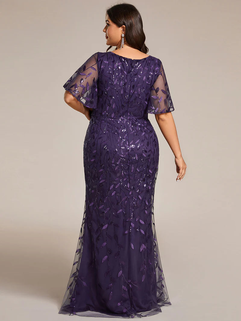 Deep purple Plus Size Mother of the bride dress with tulle, sequins and lace ruffle sleeves.