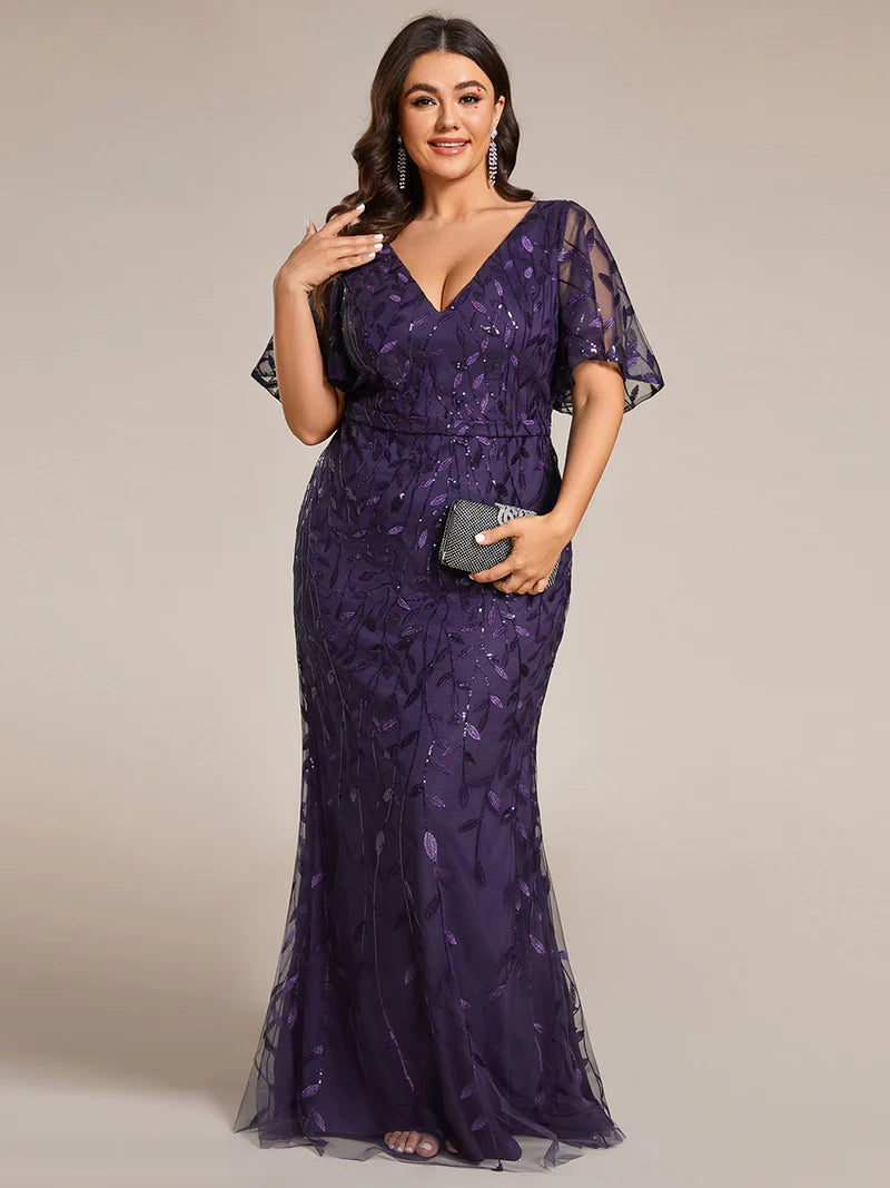 Deep purple Plus Size Mother of the bride dress with tulle, sequins and lace ruffle sleeves.