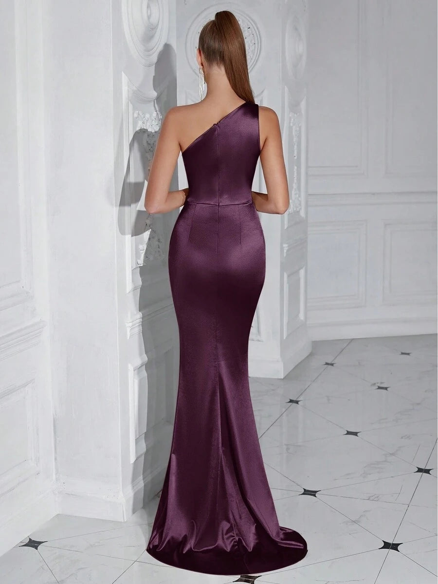 Deep Purple formal dress with one shoulder in satin with high split and mermaid tail finish. Graceful Elegance services Logan, Brisbane, Gold Coast, Scenic Rim.