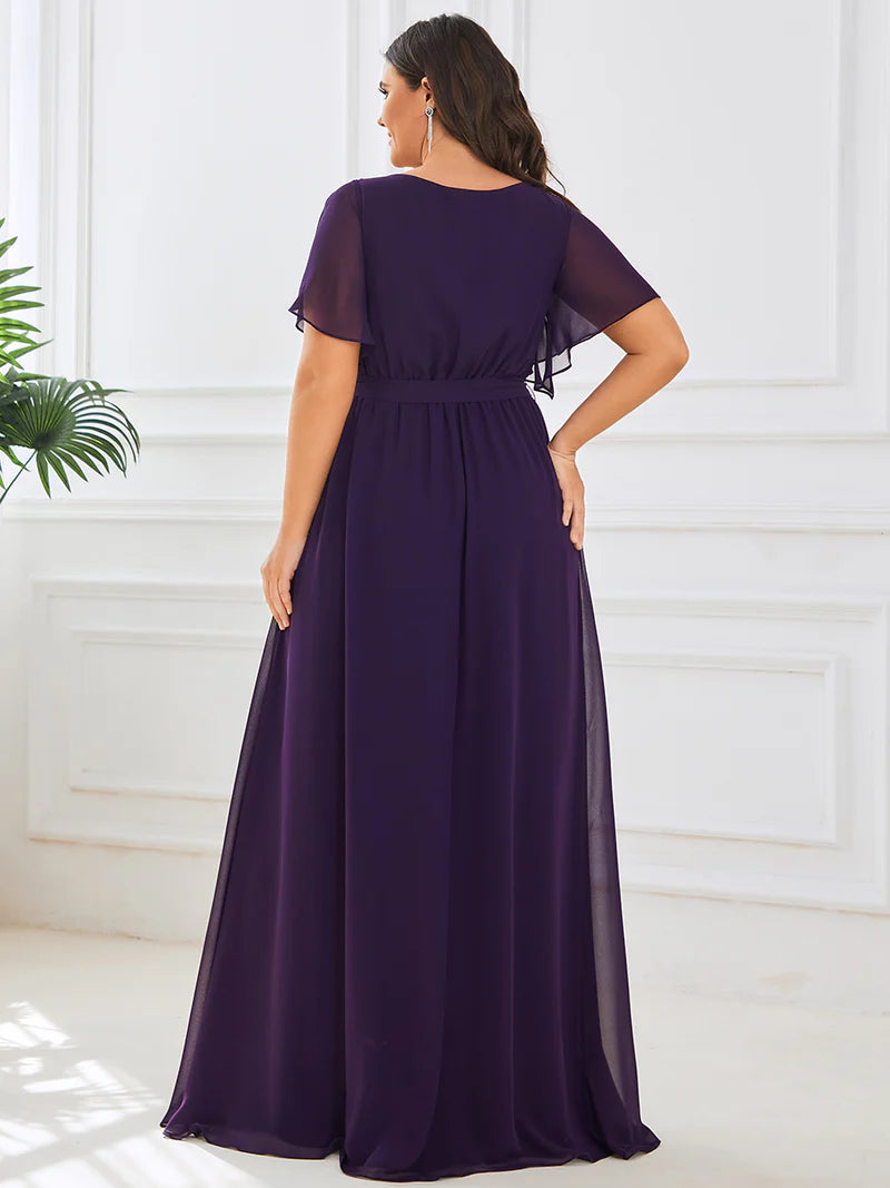 Deep purple plus sized bridesmaid dress with v-neck and a-line.