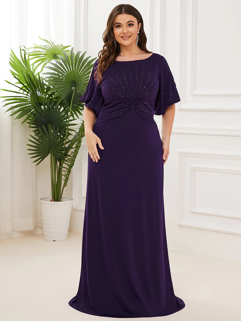 Deep purple plus size formal dress short sleeves chiffon with silver detail.