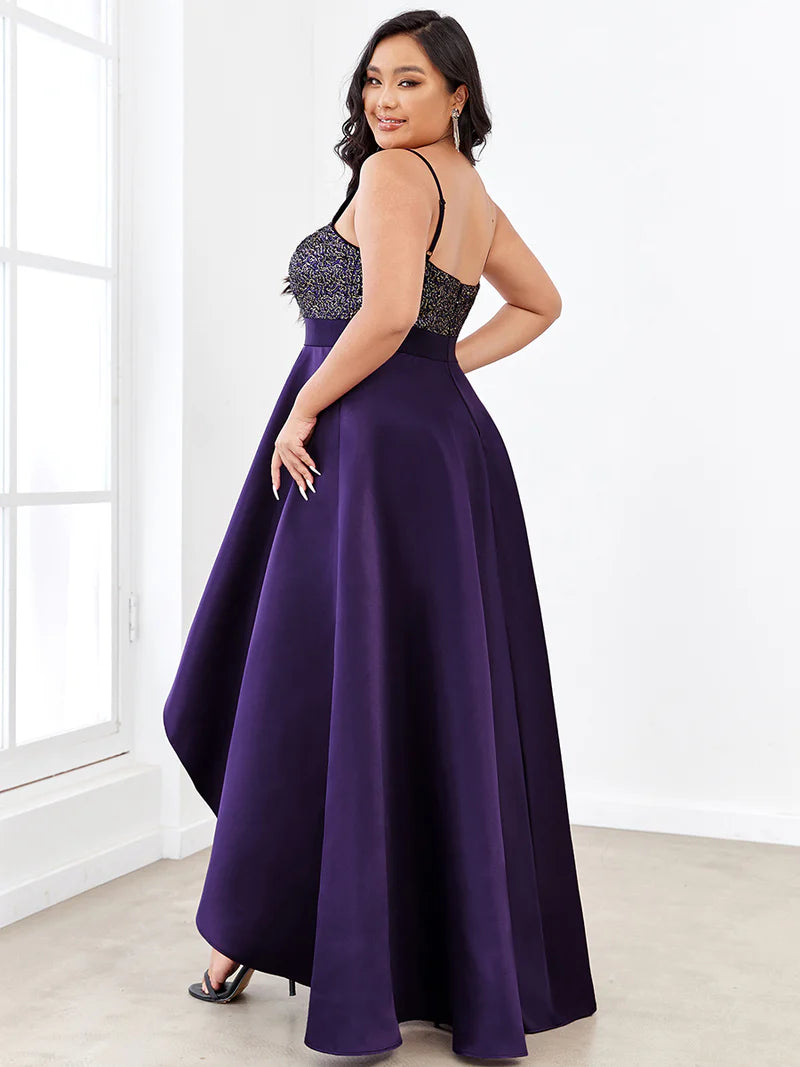 Deep purple plus size hi low sleeveless satin formal or mother of the bride dress with bodice detailing.