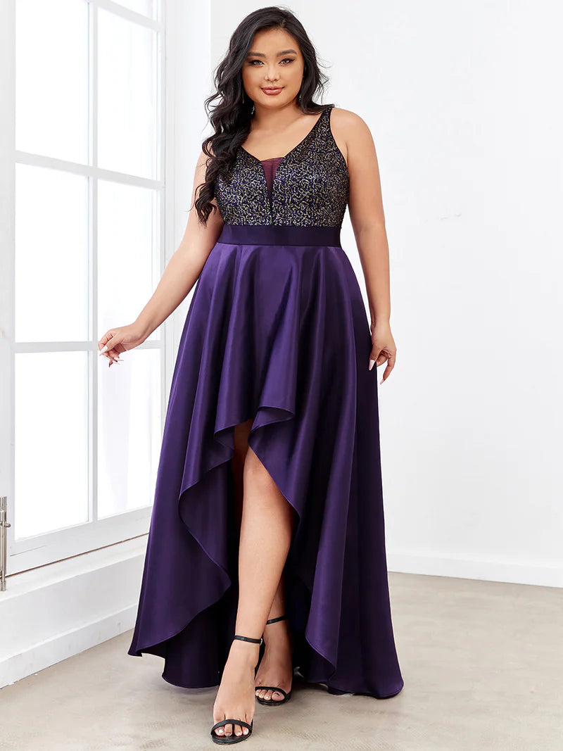 Deep purple plus size hi low sleeveless satin formal or mother of the bride dress with bodice detailing.