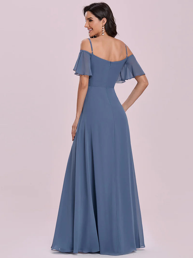 Dusty blue bridesmaid dress, off shoulder chiffon.