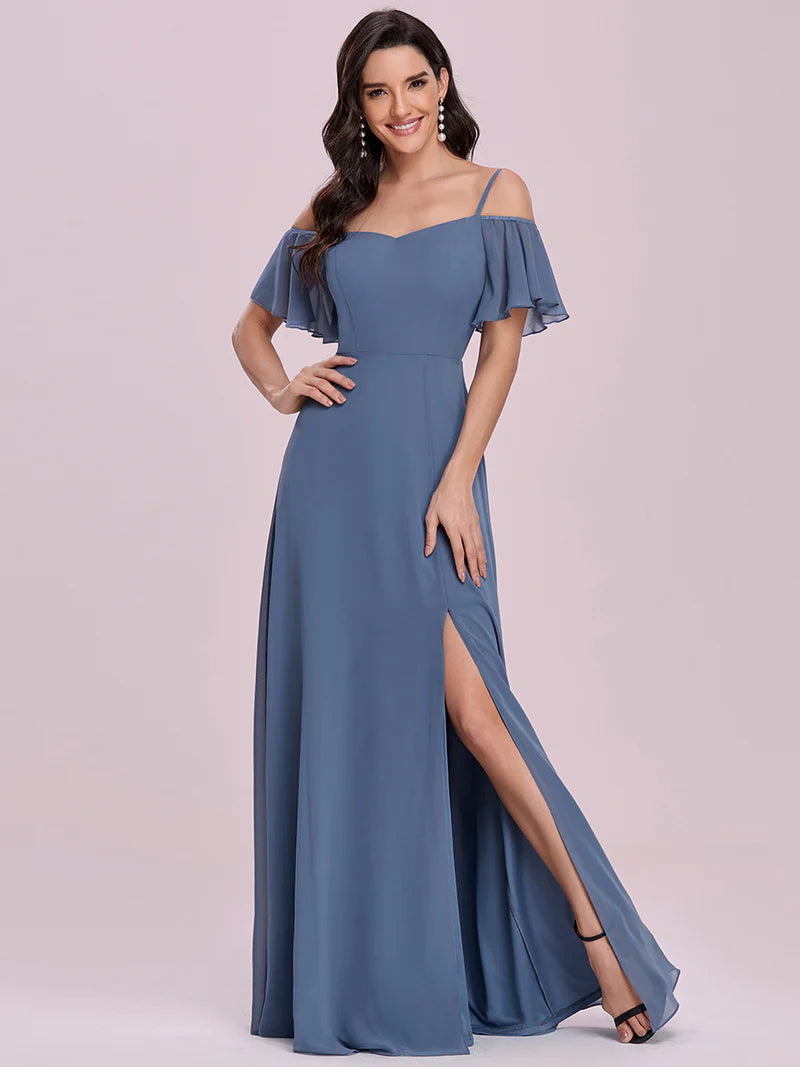 Dusty blue bridesmaid dress, off shoulder chiffon.