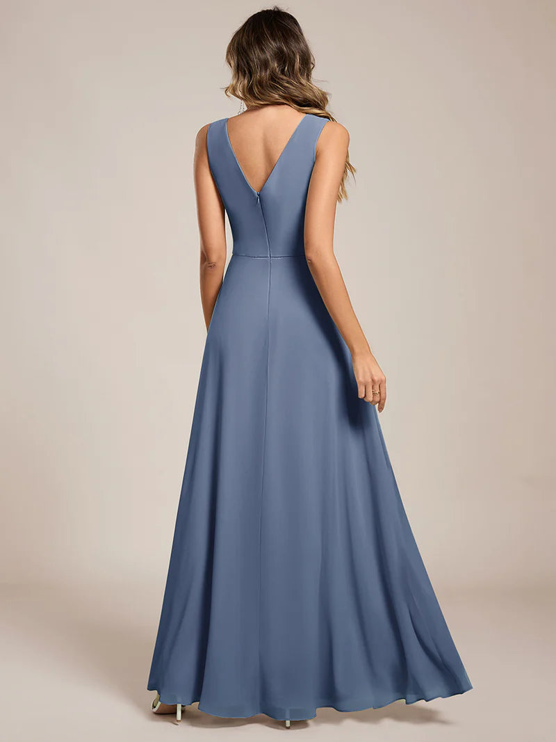 Dusty blue bridesmaid dress, sleeveless A-line chiffon dress with split.
