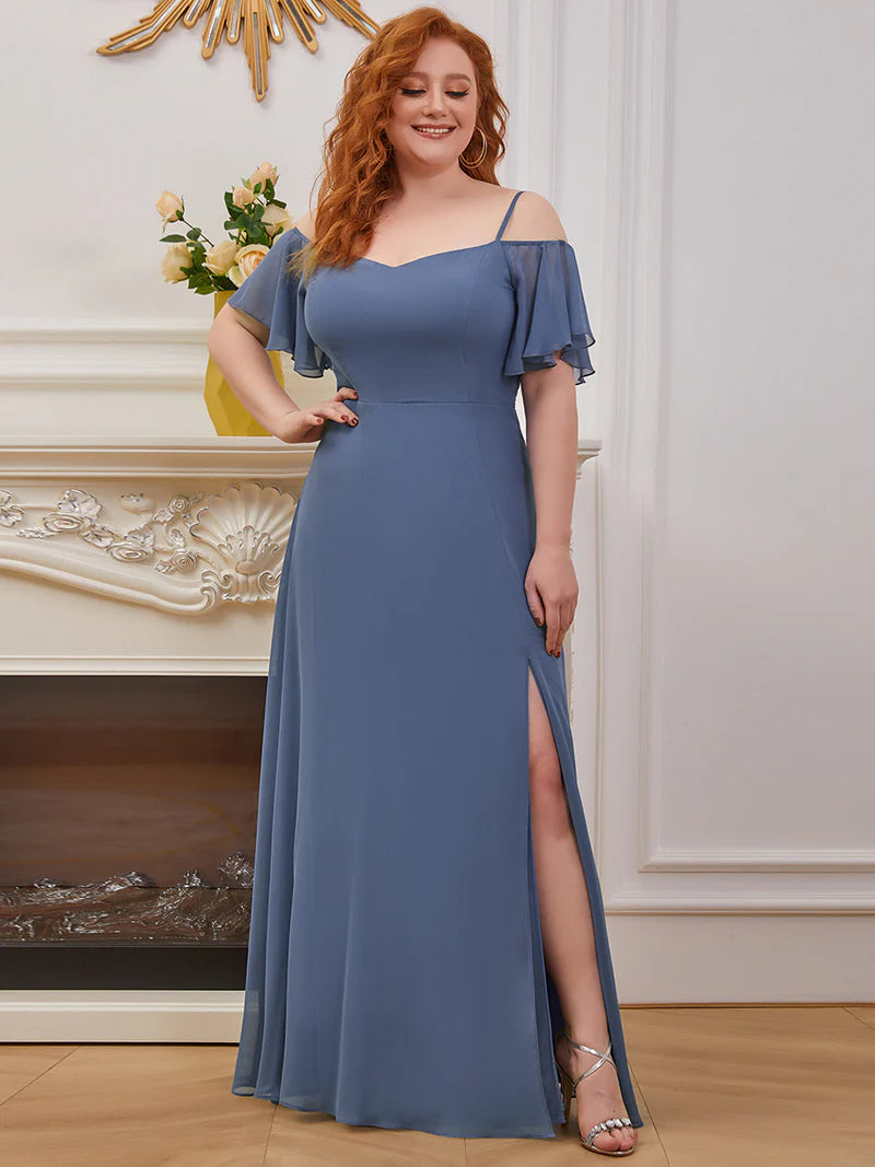 Dusty blue plus sized bridesmaid dress, off shoulder chiffon.