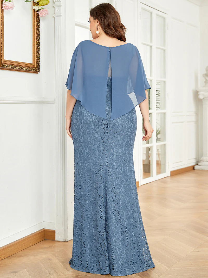 Dusty blue Mother of the Bride dress in plus size with fishtail finish, lace with chiffon cape ruffle sleeves. Graceful Elegance bridal shop services Logan, Brisbane, Gold Coast, Scenic Rim.