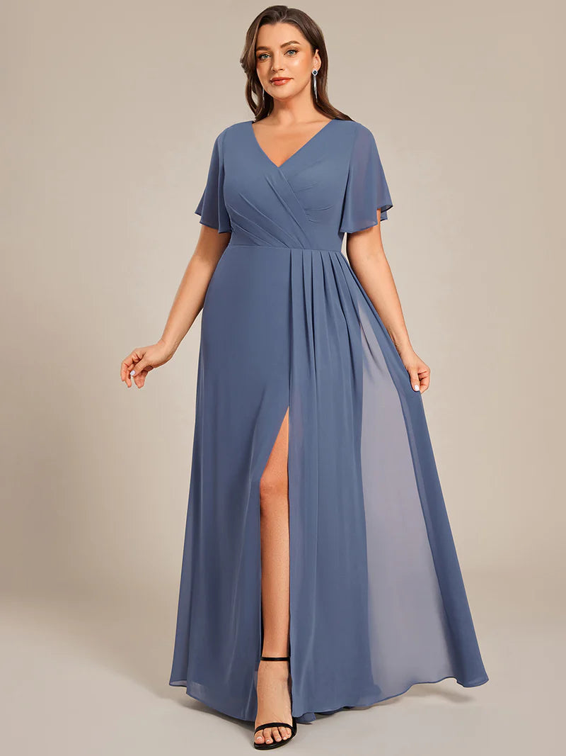Dusty Blue plus size formal dress with sleeves and a hidden split.