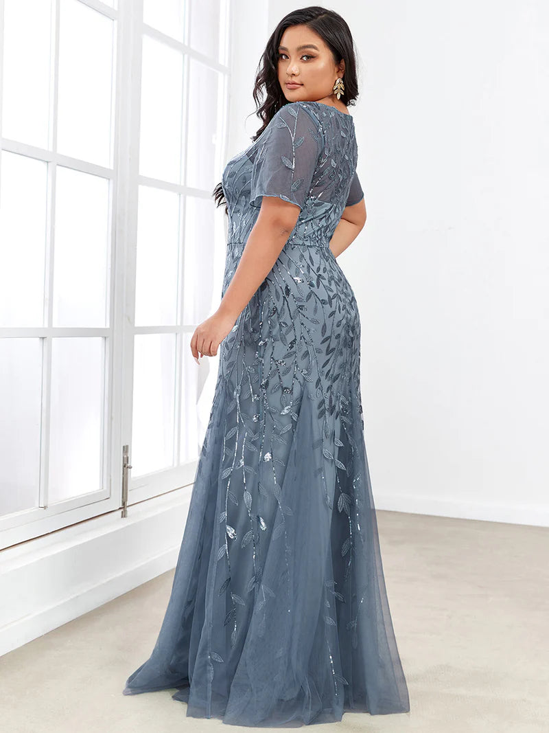 Dusty blue Plus Size Mother of the bride or formal dress, short sleeve with tulle, lace and sequin detailing.
