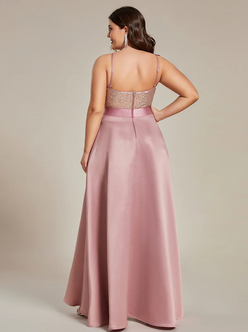 Dusty rose plus size hi low sleeveless satin formal or mother of the bride dress with bodice detailing.