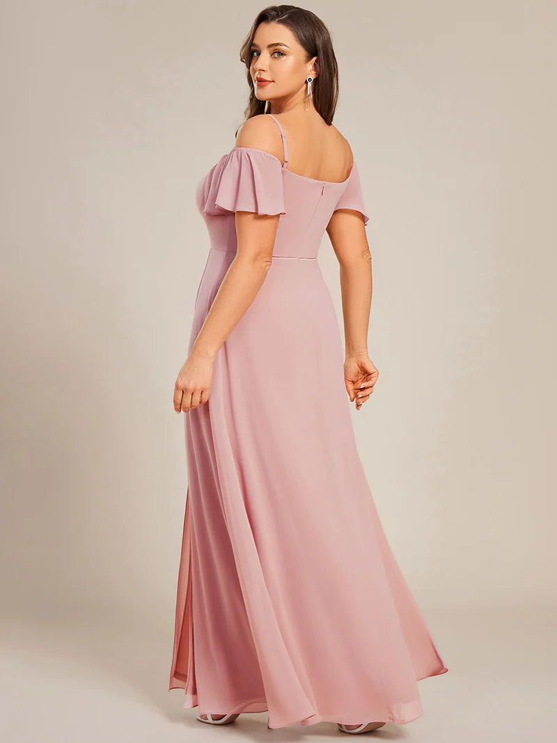 Dusty rose plus sized bridesmaid dress, off shoulder chiffon.