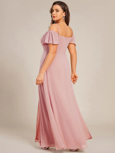 Dusty rose plus sized bridesmaid dress, off shoulder chiffon.