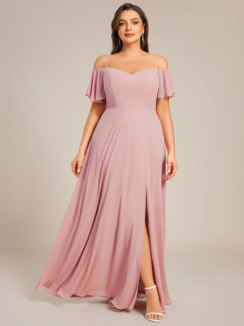Dusty rose plus sized bridesmaid dress, off shoulder chiffon.