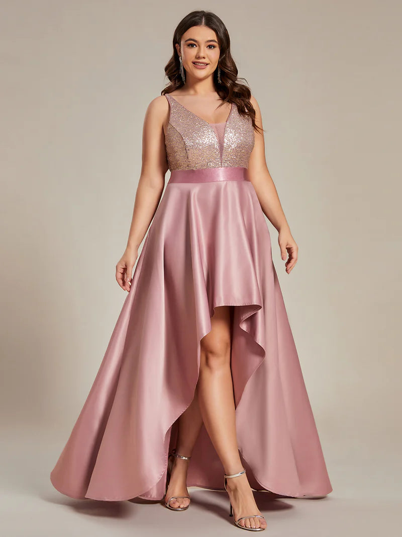 Dusty rose plus size hi low sleeveless satin formal or mother of the bride dress with bodice detailing.