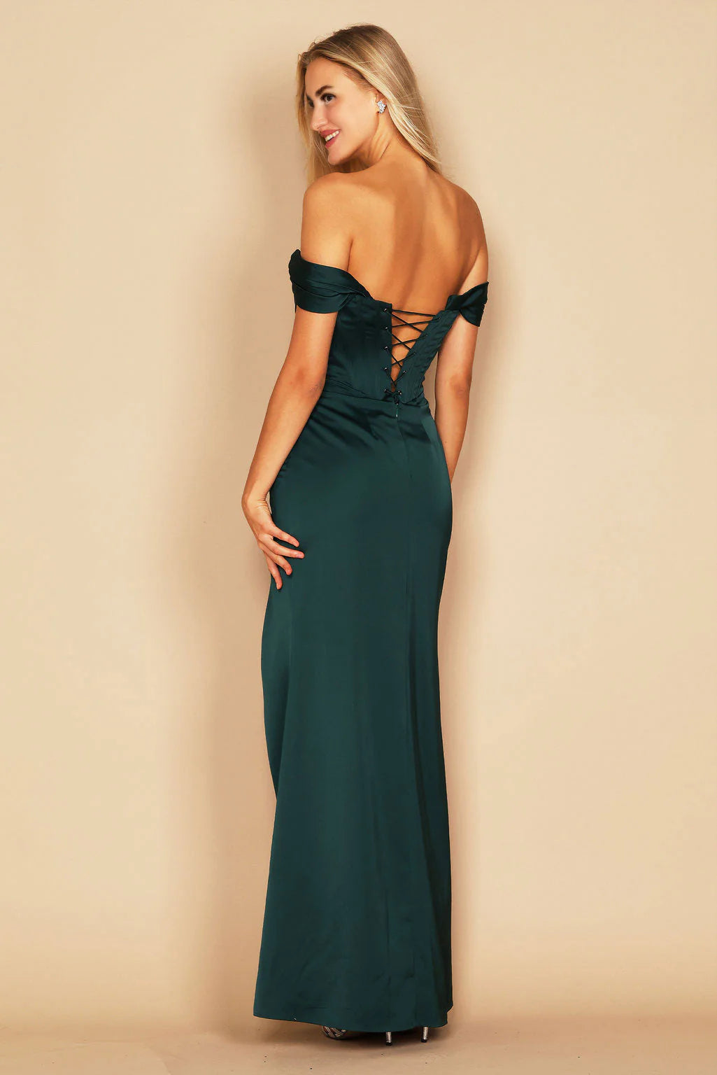 Emerald Green off the shoulder or strapless corset lace up back formal dress.