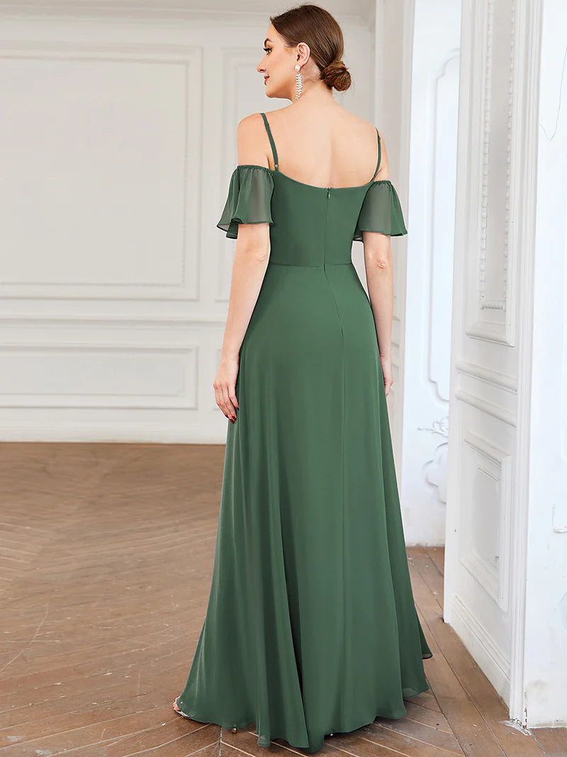 Eucalyptus bridesmaid dress, off shoulder chiffon.