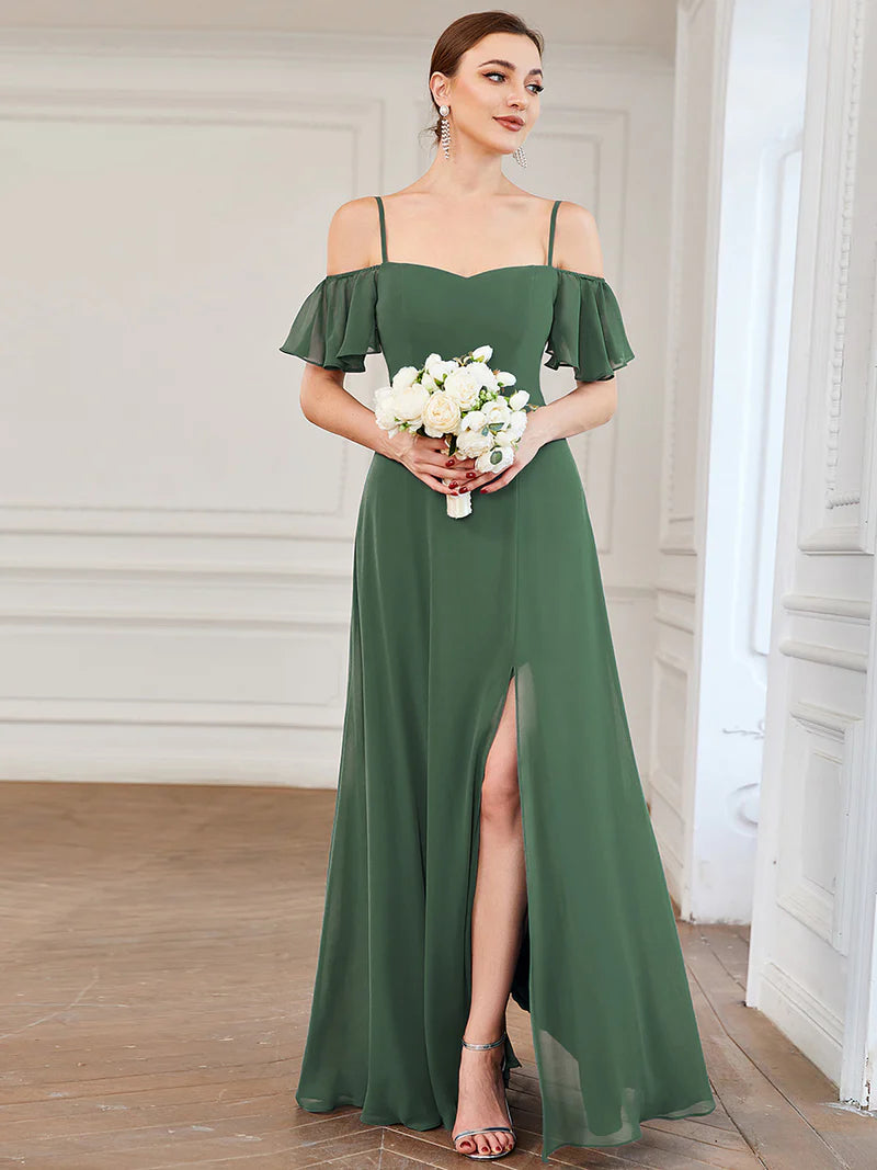Eucalyptus bridesmaid dress, off shoulder chiffon.