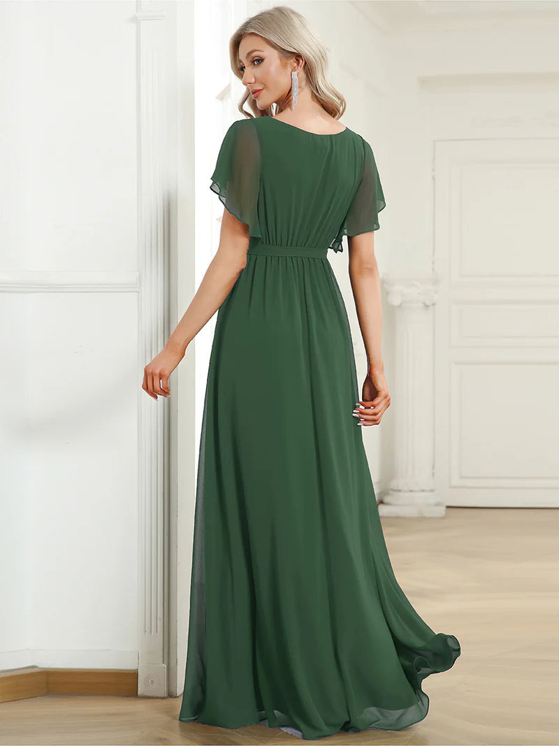 Eucalyptus bridesmaid dress with v-neck and a-line.