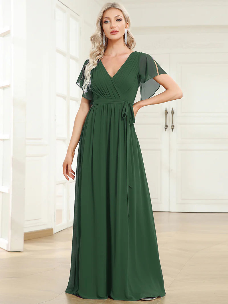 Eucalyptus bridesmaid dress with v-neck and a-line.