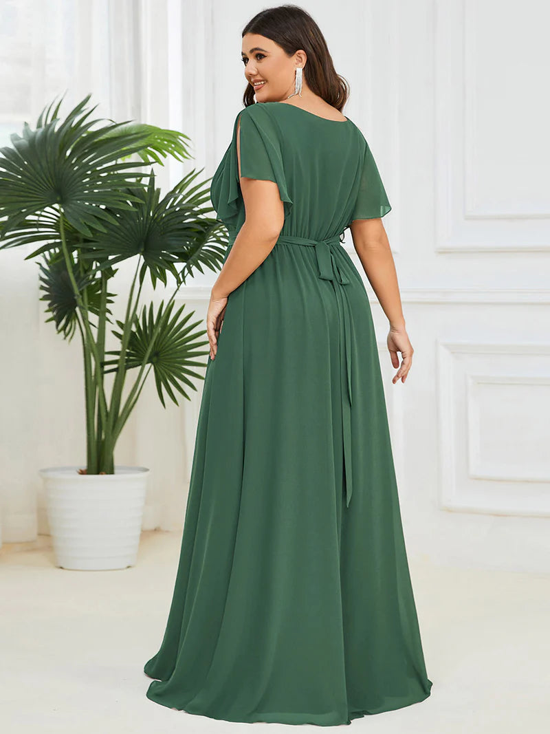 Eucalyptus plus sized bridesmaid dress with v-neck and a-line.