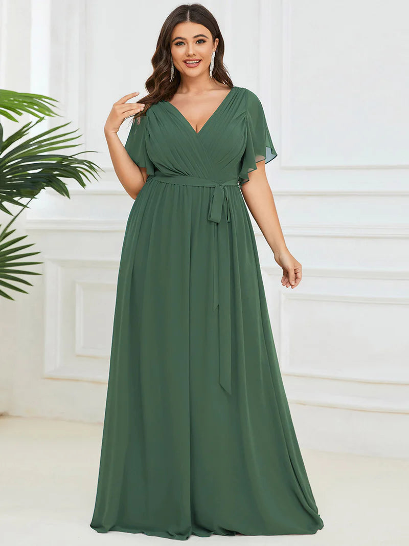 Eucalyptus plus sized bridesmaid dress with v-neck and a-line.