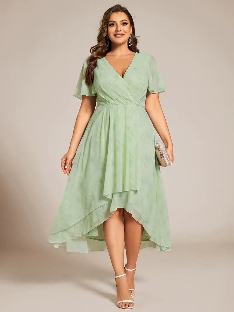 Floral green plus size mother of the bride chiffon midi dress.