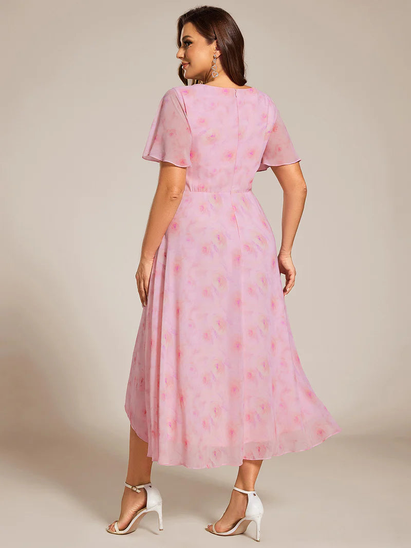 Floral pink plus size mother of the bride chiffon midi dress.