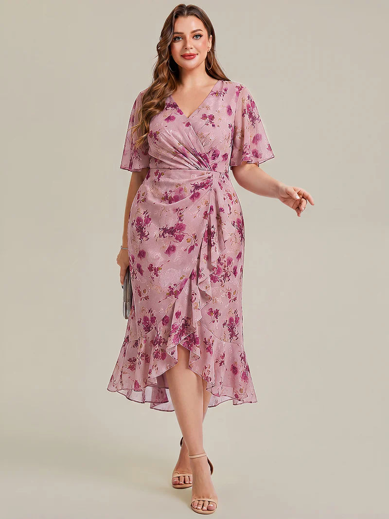 Floral plus size wedding guest or evening dress with short sleeves.