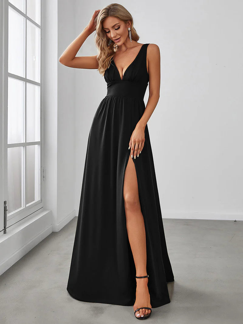 Black sleeveless formal dress with deep v neck and front split.