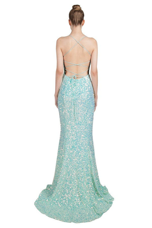 Mint Green sequin formal evening dress with lace up back and mermaid finish, by Miss Anne.