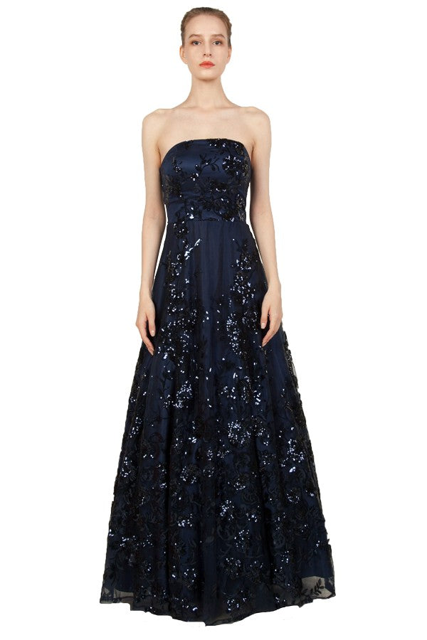 Navy blue strapless formal or evening dress with lace sequin overlay by Miss Anne.