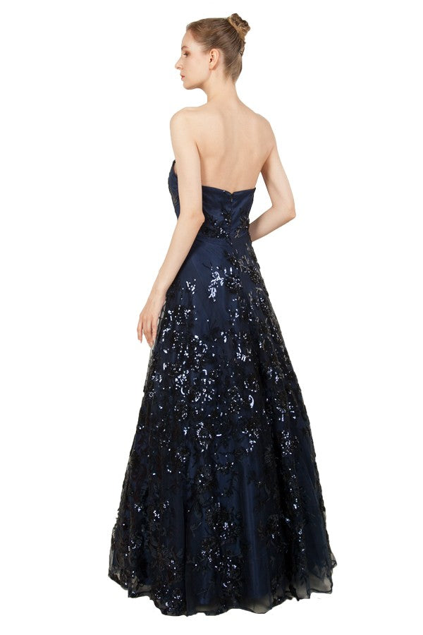 Navy blue strapless formal or evening dress with lace sequin overlay by Miss Anne.