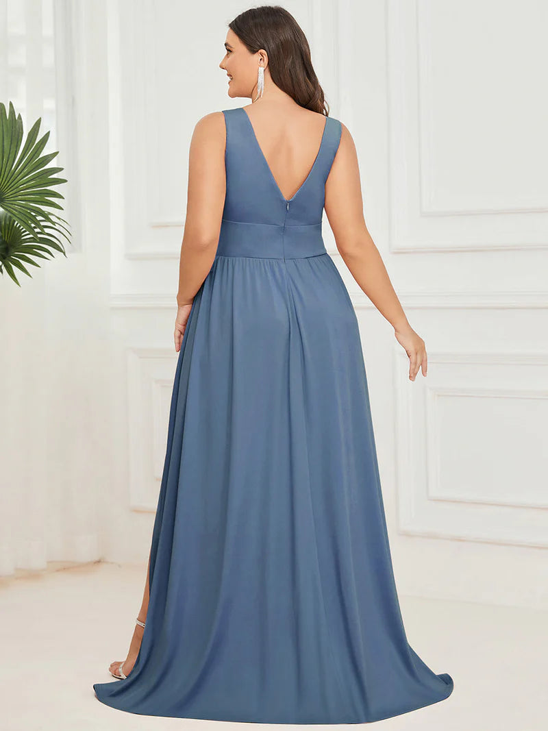 Dusty blue plus sized sleeveless formal dress with deep v neck and front split.