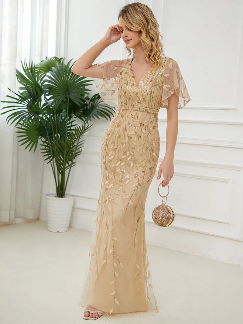 Gold Champagne mother of the bride dress with tulle, sequins and lace ruffle sleeves.