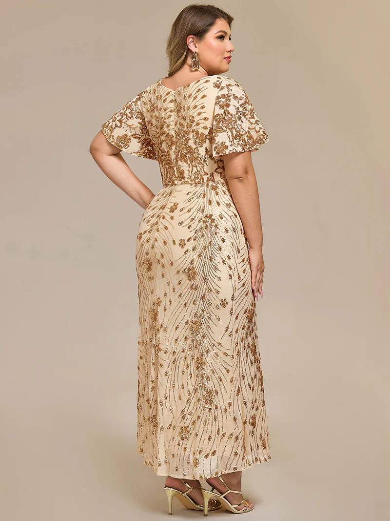 Champagne mother of the bride plus size midi dress.