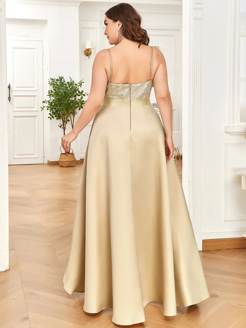 Gold plus size hi low sleeveless satin formal or mother of the bride dress with bodice detailing.