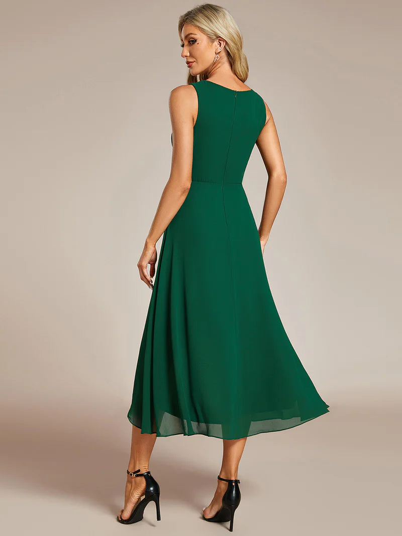 Green cocktail formal dress in chiffon with applique detail and sleeveless.