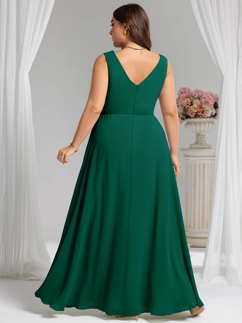 Green plus size bridesmaid dress, sleeveless A-line chiffon with split.