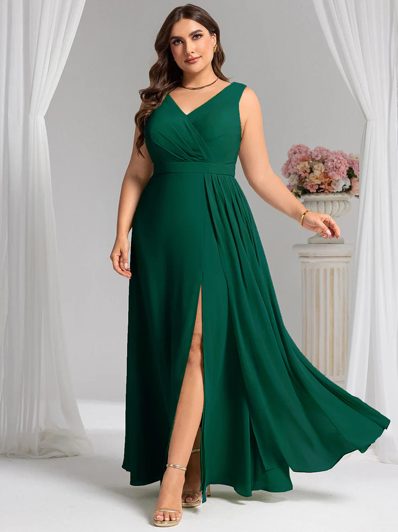 Green plus size bridesmaid dress, sleeveless A-line chiffon with split.