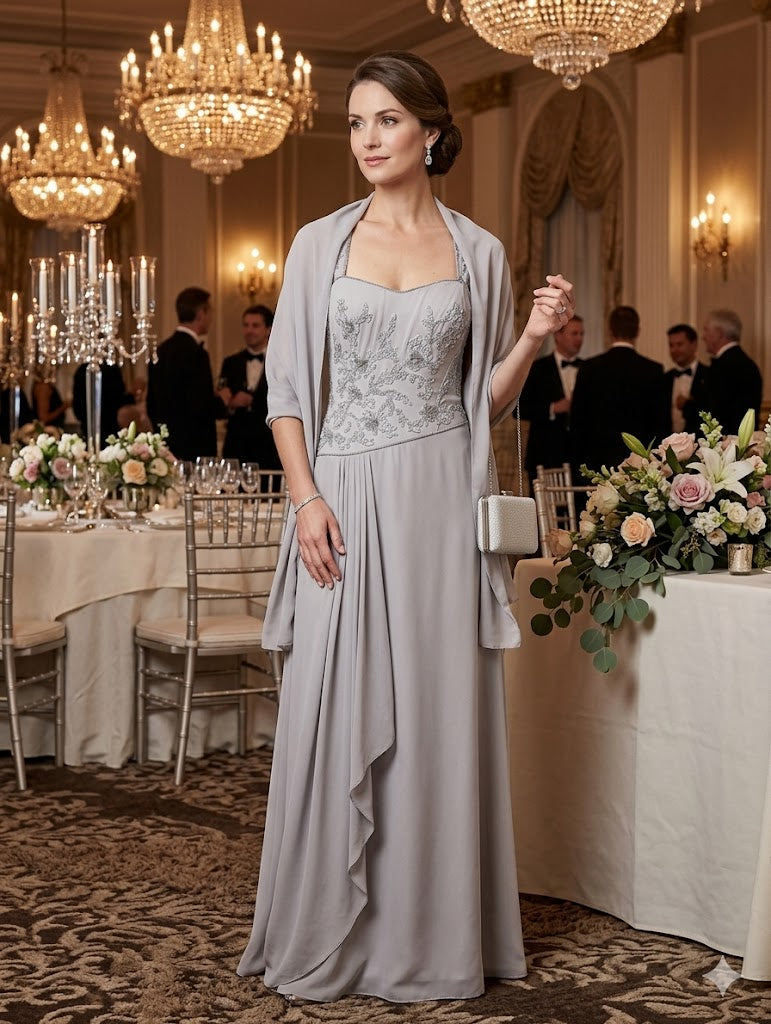 Grey sleeveless mother of the bride dress with a beaded bodice and shawl.