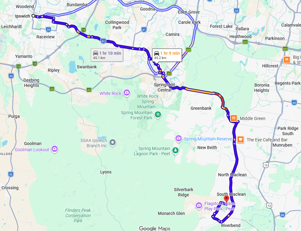 Map with a blue route line indicating a journey from Ipswich to flagstone graceful elegance location.