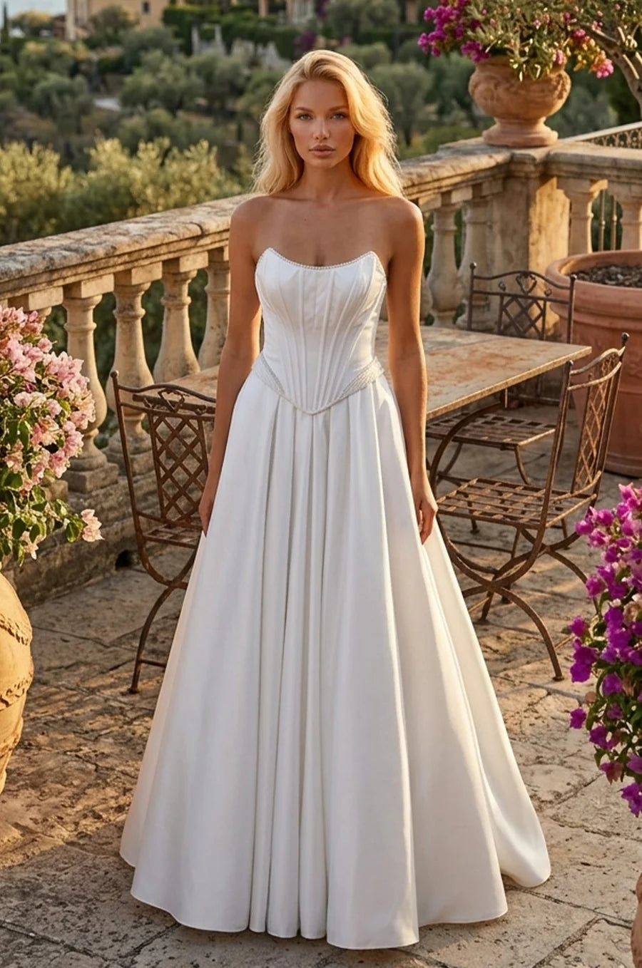 Ivory strapless wedding dress with beaded corset top.