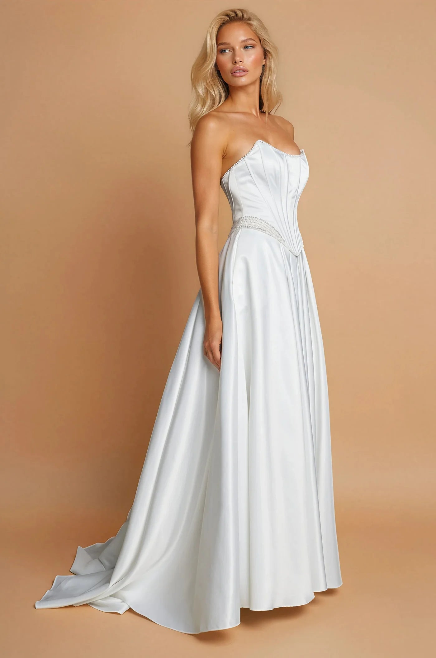 Ivory strapless wedding dress with beaded corset top.