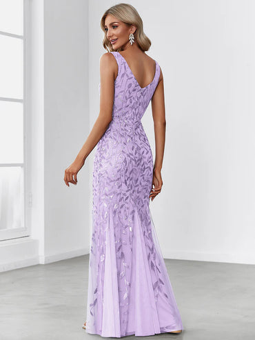 Lavender formal dress with fishtail and sequins.